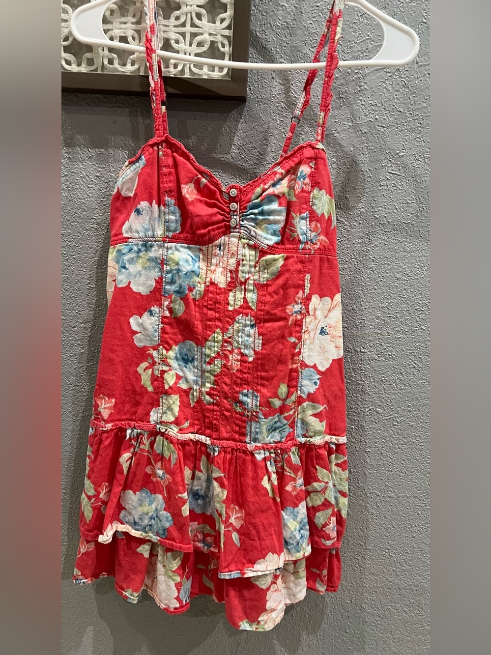 Abercrombie & Fitch Red Floral Tiered Sundress with Blue Accents